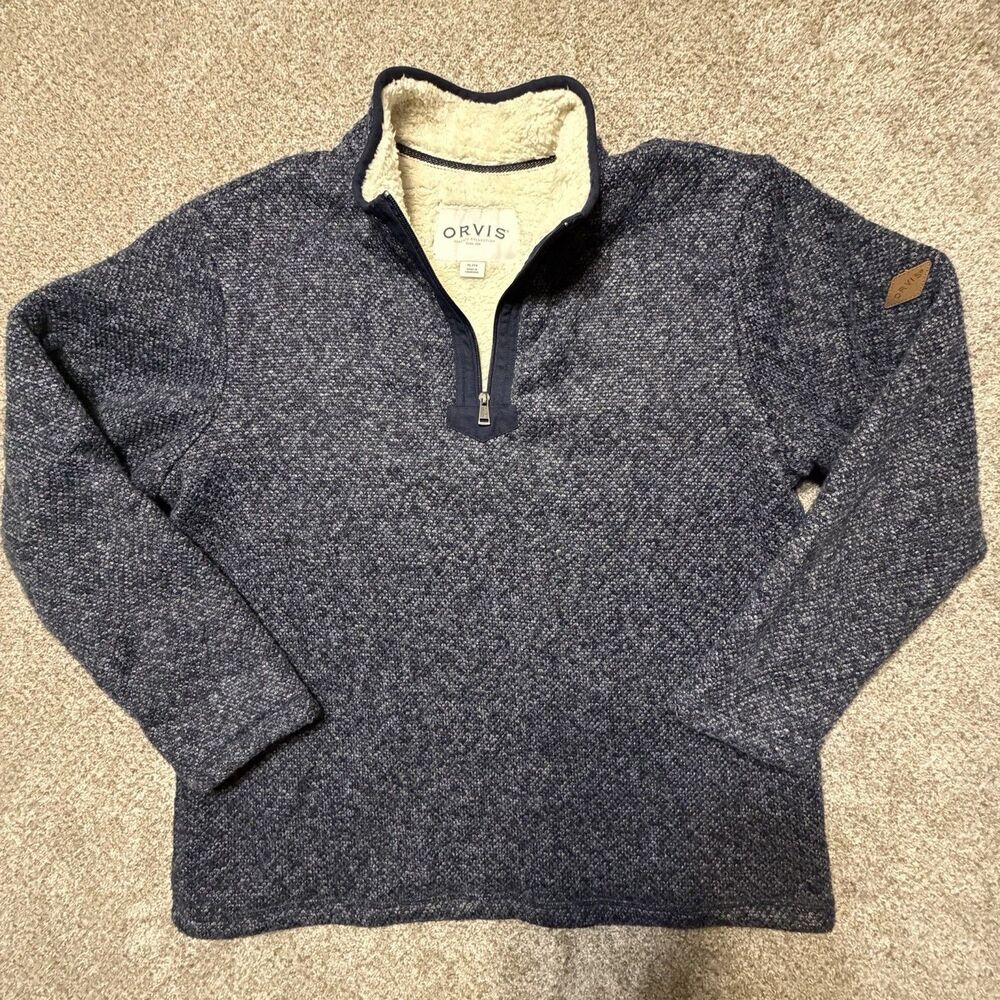 Orvis Sherpa Lined Quarter Zip Pullover Mens XL Blue Fleece Sweater Outdoor
